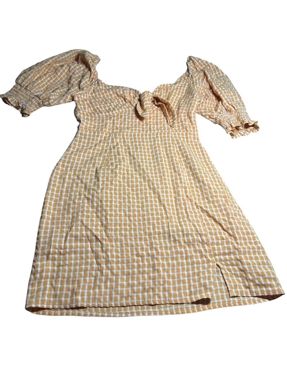 Altar'd State Yellow‎ and White Gingham Puff-Sleeve Midi Dress